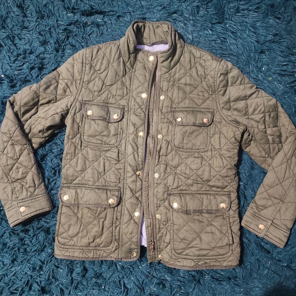 J.Crew Olive Green Quilted Field Jacket Gold Snap Utility Coat Medium